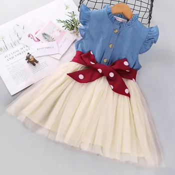 

Girls Princess Dress Summer Denim Dresses Travel Bow Lace Mesh Dress Girls Dress Elegant Children Costume Children Clothing 2-6Y