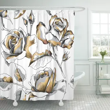 

Black Floral with of Gold Rose Flowers on White Abstract Modern Shower Curtain Waterproof Polyester Fabric 72 x 72 inches Set