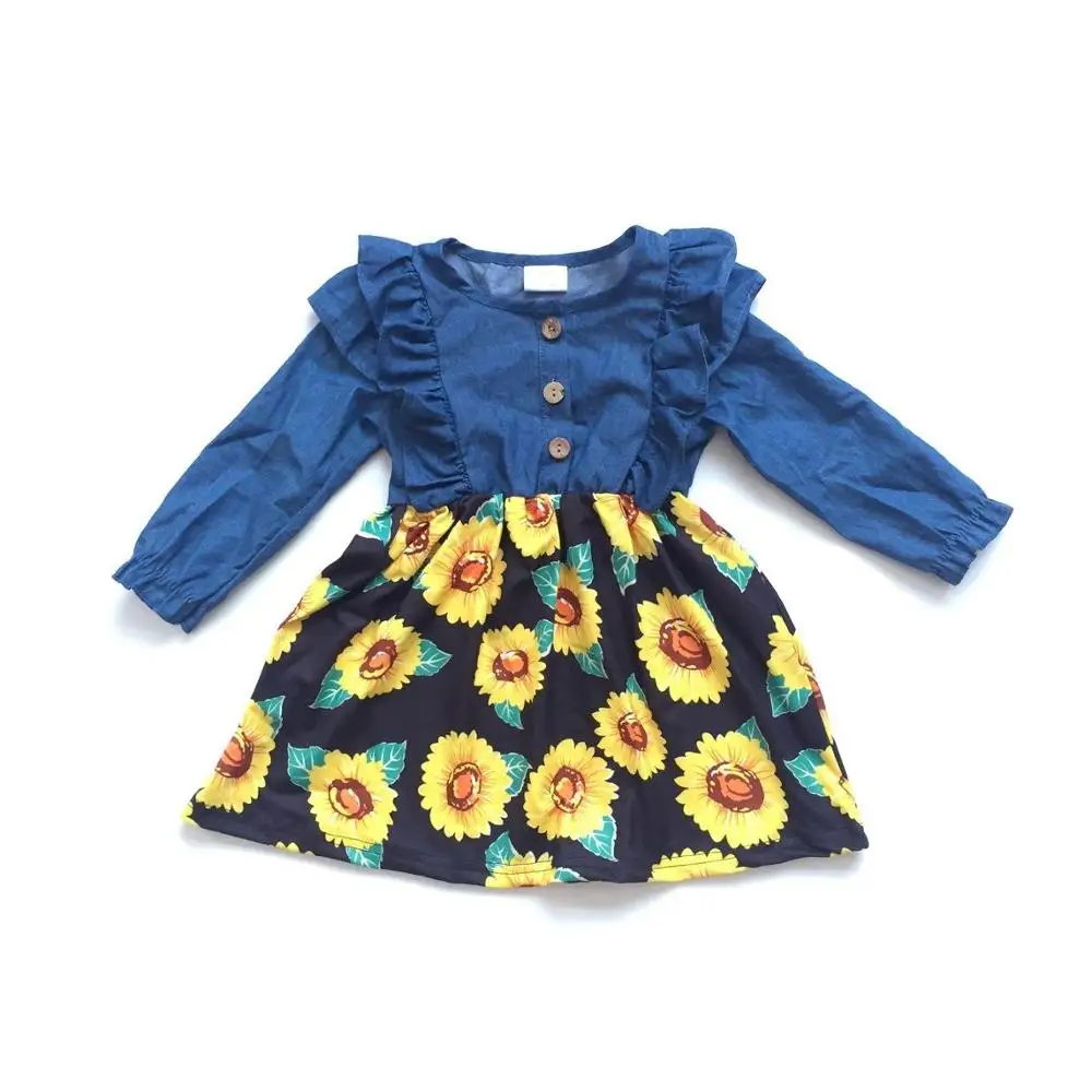 Осенне-зимняя детская одежда для маленьких девочек; хлопковое джинсовое платье с оборками и леопардовым принтом в виде подсолнухов; изысканное платье до колена с длинными рукавами и бантом