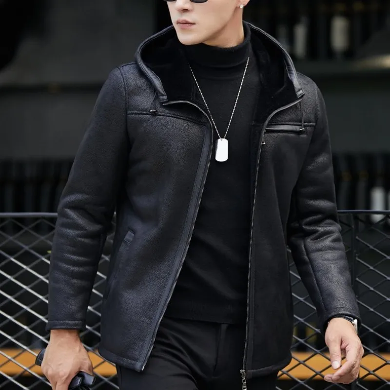 Chaqueta Cuero Hombre мотоциклетная Байкерская зимняя теплая куртка с меховой подкладкой пальто из натуральной кожи приталенная офисная Повседневная куртка-бомбер
