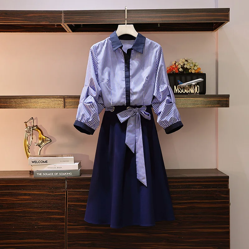Vet Size Vrouwelijke Jurken Vet Zus Modieuze Slanke Streep Shirt + Half-lengte Rok In Herfst 2019 Vet Size Vrouwelijke Jurken Vet Zus Modieuze Slanke Streep Shirt + Half-lengte Rok In Herfst 2019