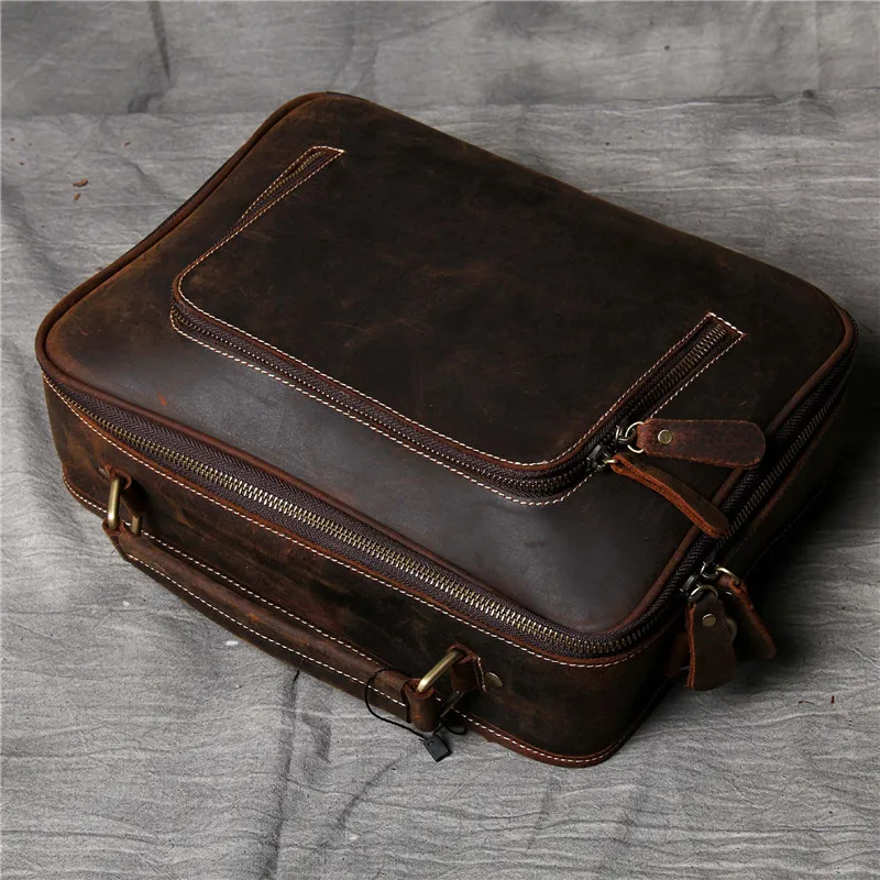 PNDME high quality genuine leather men's business briefcase office handmade crazy horse cowhide vintage laptop messenger bags