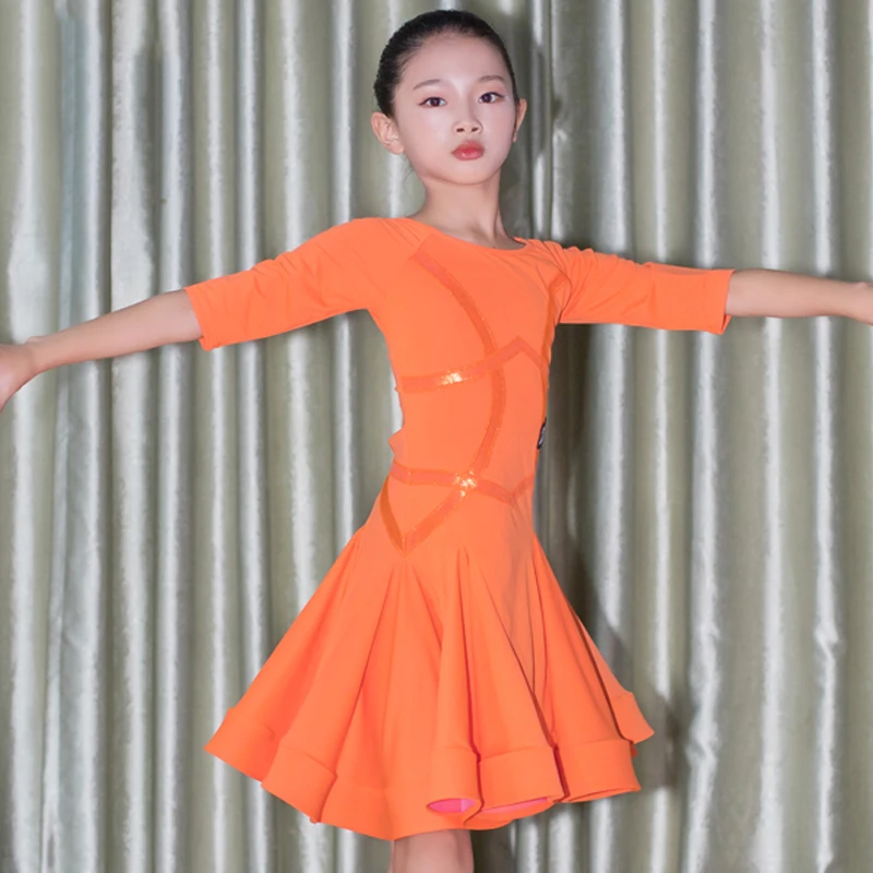 Girls Latin Dance Clothes Competition Dress Orange Half Sleeve Latin Practice Wear Samba Cha Cha