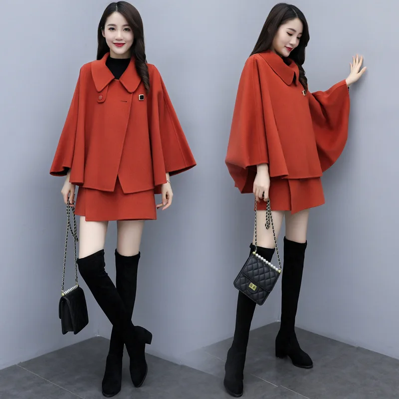 

Woolen Cloak Coat WOMEN'S Short Skirt Two-Piece 2019 Autumn And Winter Bat Sleeve Cute Antique Style Short-height-Style Set