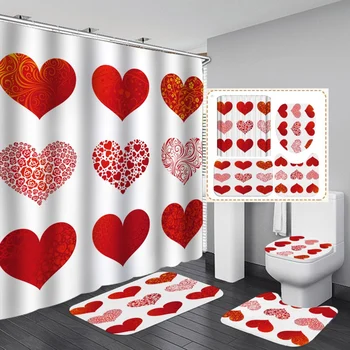 

Valentine's Day Shower Curtain Romantic Love Bathroom Product Set European Style Printing Bath Decorations