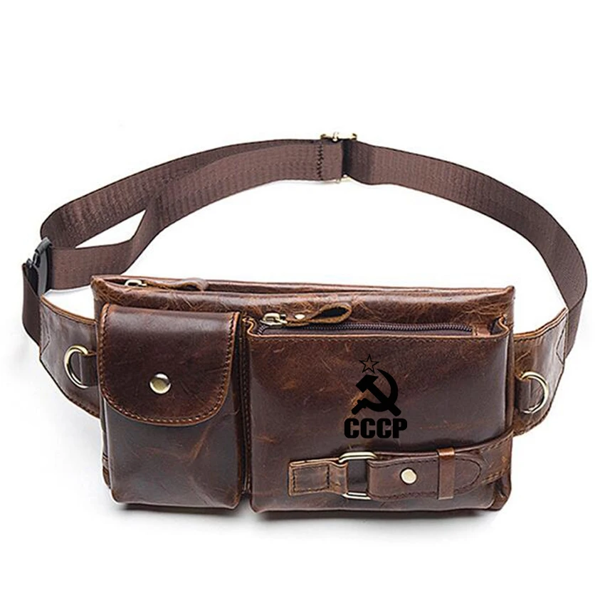 

Genuine Leather Waist Packs Fanny Pack Belt Bag Men Leather Pouch Phone Bags Male CCCP USSR Soviet Union Small Waist Bags
