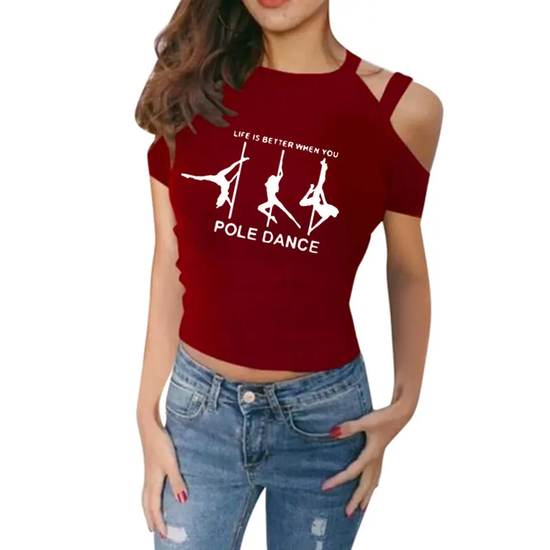 Модная женская футболка для танцев на шесте с открытыми плечами, футболка с коротким рукавом, Женская Повседневная футболка Harajuku, женские топы - Цвет: 1