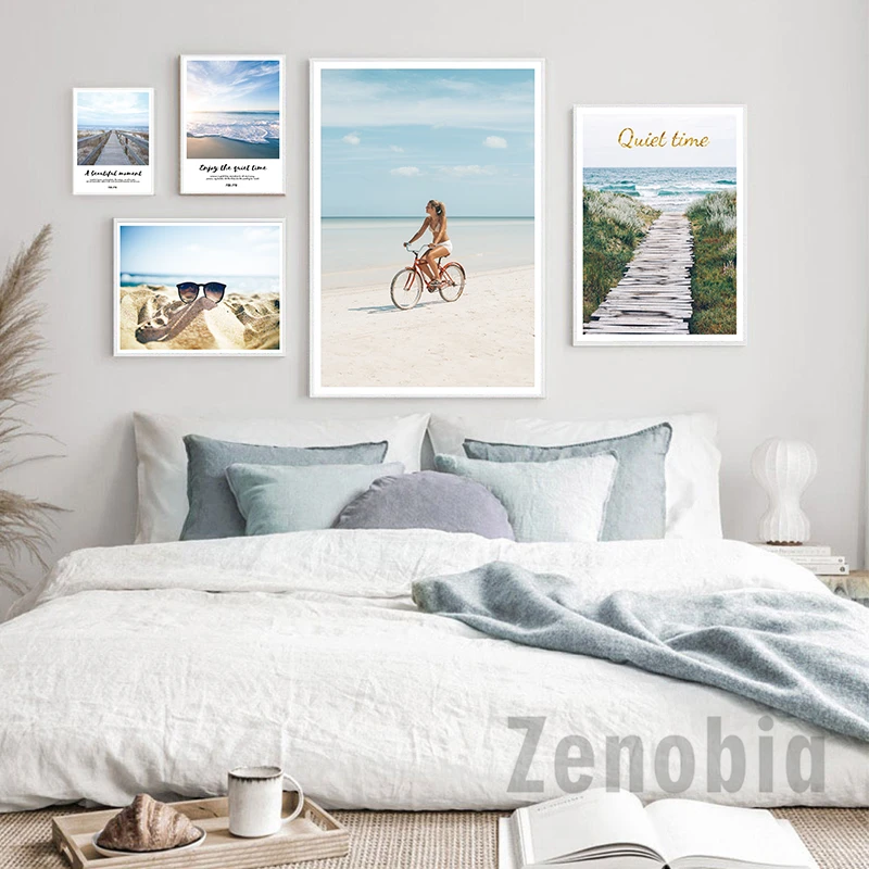 Beautiful Woman On Bicycle Landscape Painting Sunny Beach Ocean Travel Poster Canvas Print Wall Art Picture Modern Home Decor | Дом и сад