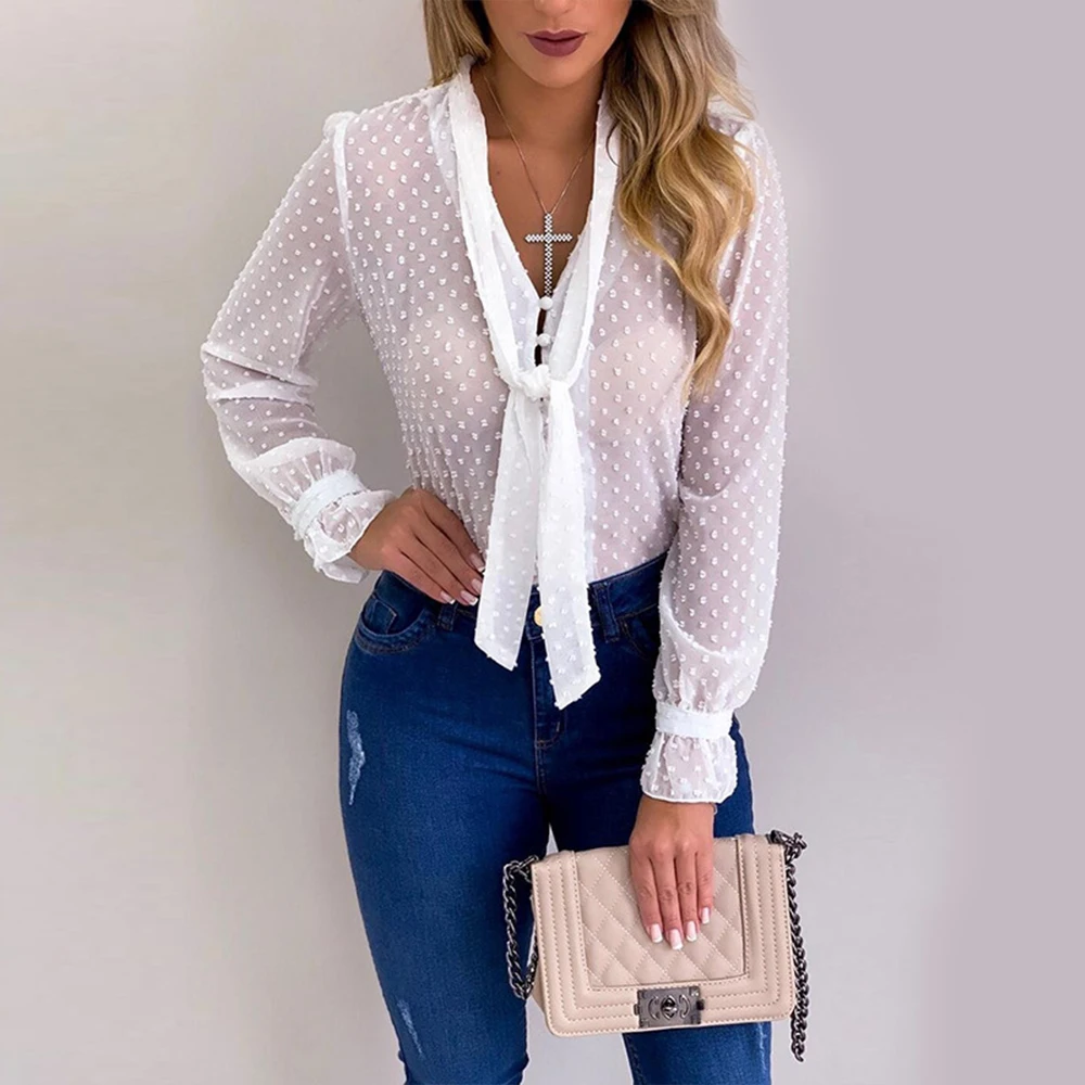 Suzhan Women Blouses Fashion Long Sleeve V-neck Shirt Chiffon Office Blouse Slim Casual Tops