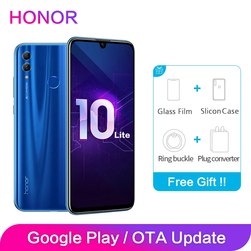 Цена Honor 10 Lite 4 ГБ ОЗУ 64 Гб ПЗУ AI камера полный экран FHD 2340x1080P 3400 мАч двойной задний шрифт 24MP 6,21