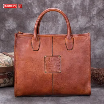 

Vintage Genuine Leather Women's Handbag Female Business Briefcase Shoulder Messenger Bags First Layer Cowhide Soft Retro Zipper