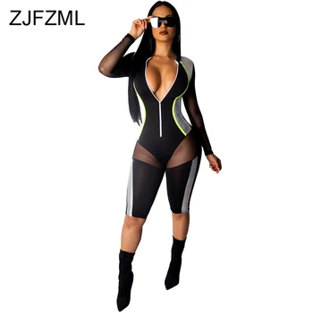 

Sheer Mesh Color Block Patchwork Skinny Playsuit Women Front Zipper Long Sleeve Midi Jumpsuit Casual Bodycon Club Party Rompers