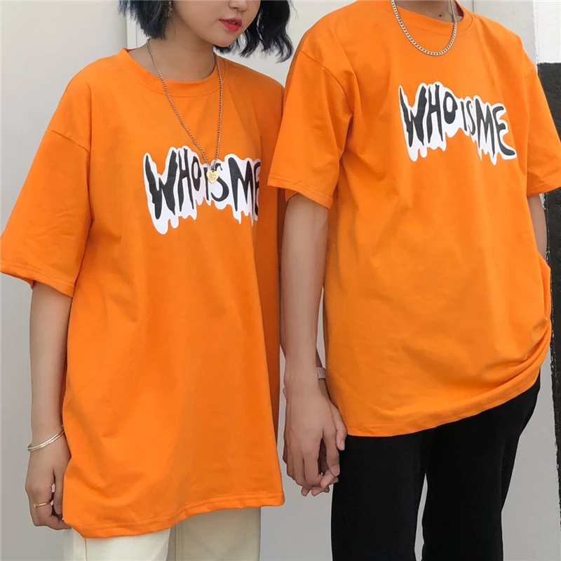 

Orange Hip hop Letter Print man t shirt High Quality rock short sleeve oversized 2019 funny fashion Korean Harajuku Couple women