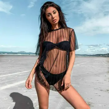 

2020 Women Swimwear Mesh Sheer Beach Cover Up See Through Laides Girls Swimsuit Bathing Stripe Female Beach Long Tops Mini Dress