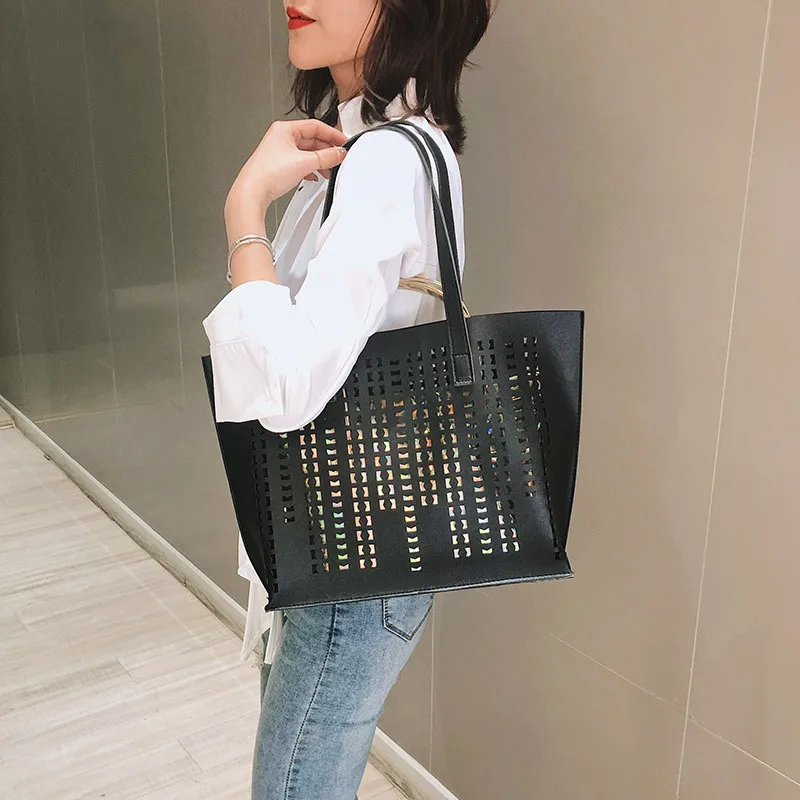 

2Pc Hollow Handbag Shoulder Bag Fashion Women Solid Color HandBag Tote+Small bag organizer travel bags for women 2019 leather#