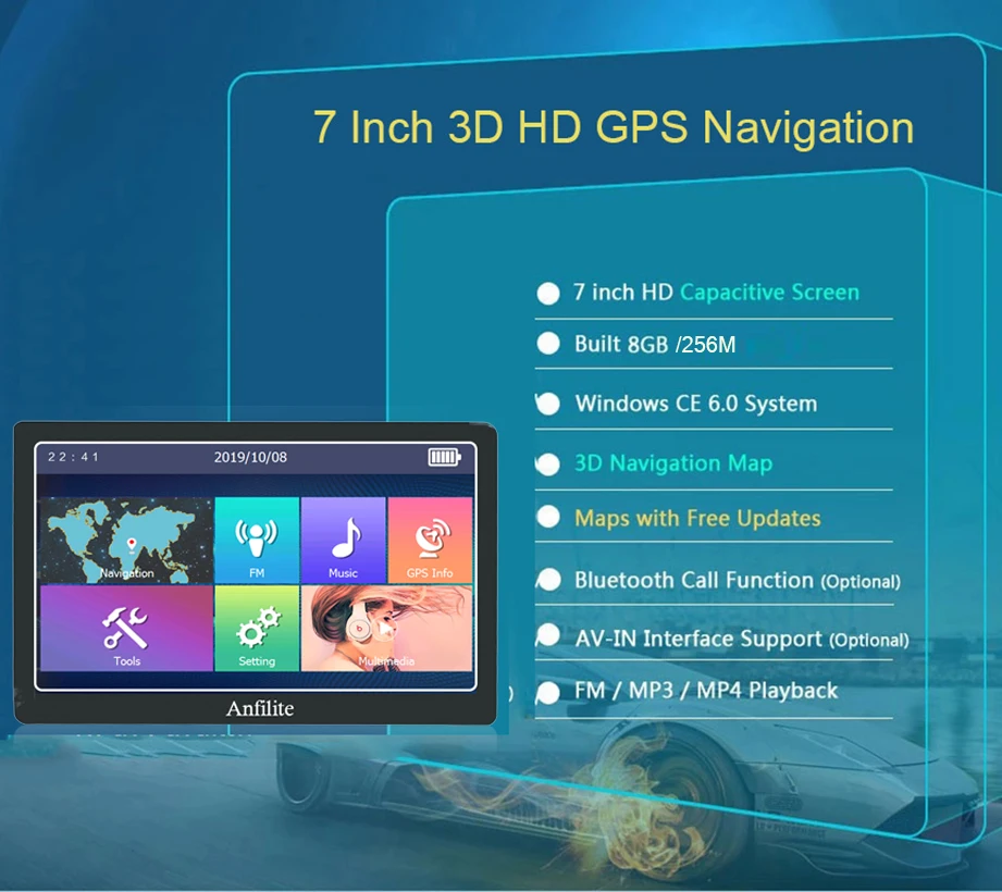 Anfilite Портативный 7 дюймовый HD Автомобильный GPS навигатор спутниковый 256/8 ГБ