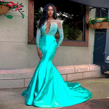 

African Women Sexy Cut Out Long Sleeves Heavy Beaded Court Train Turquoise Green Satin Mermaid Prom Dress Evening Gown