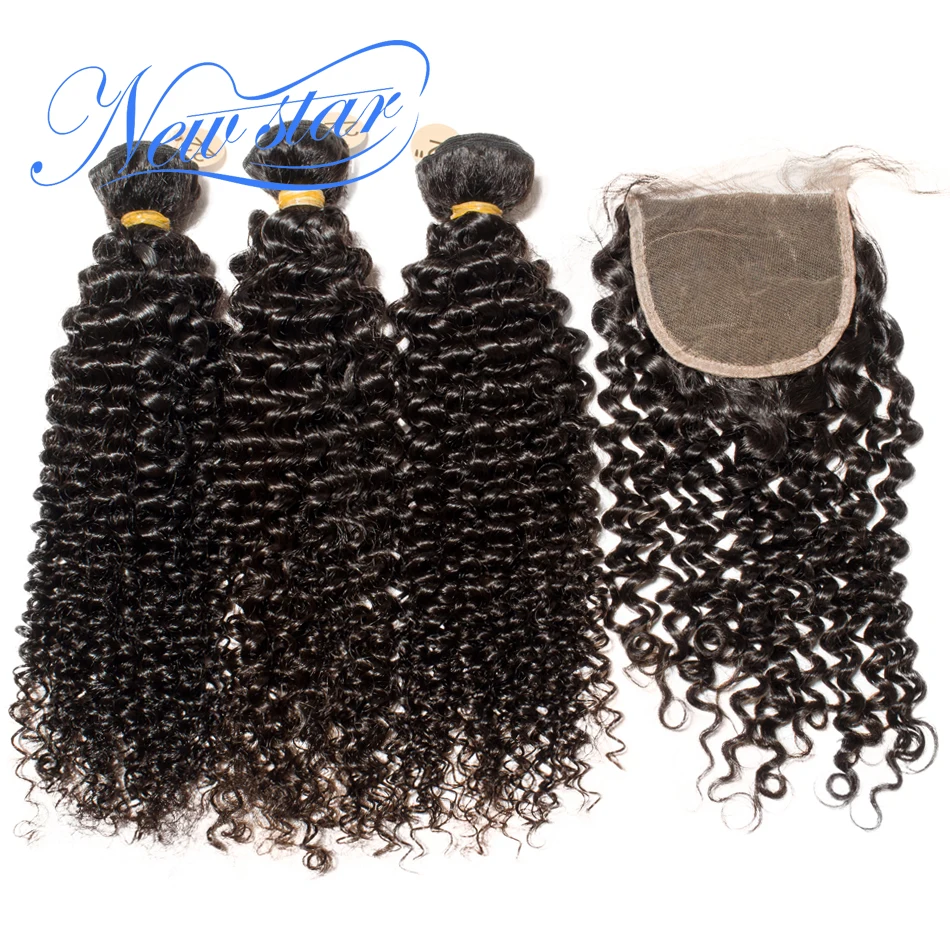Brazilian Afro Kinky Curly Virgin Hair 3 Bundles Weaving With Lace 4x4 Closure New Star Human Hair Product And Free Part Closure