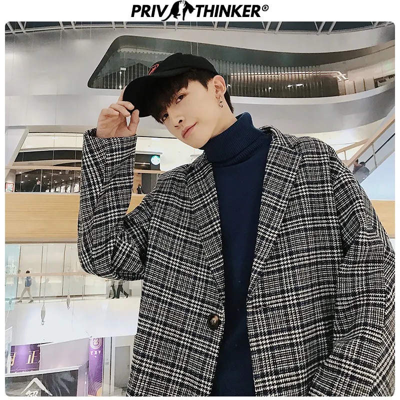 Privathinker клетчатое повседневное корейское шерстяное пальто для мужчин s короткое осень зима уличная Мужская куртка Большие размеры модные пальто