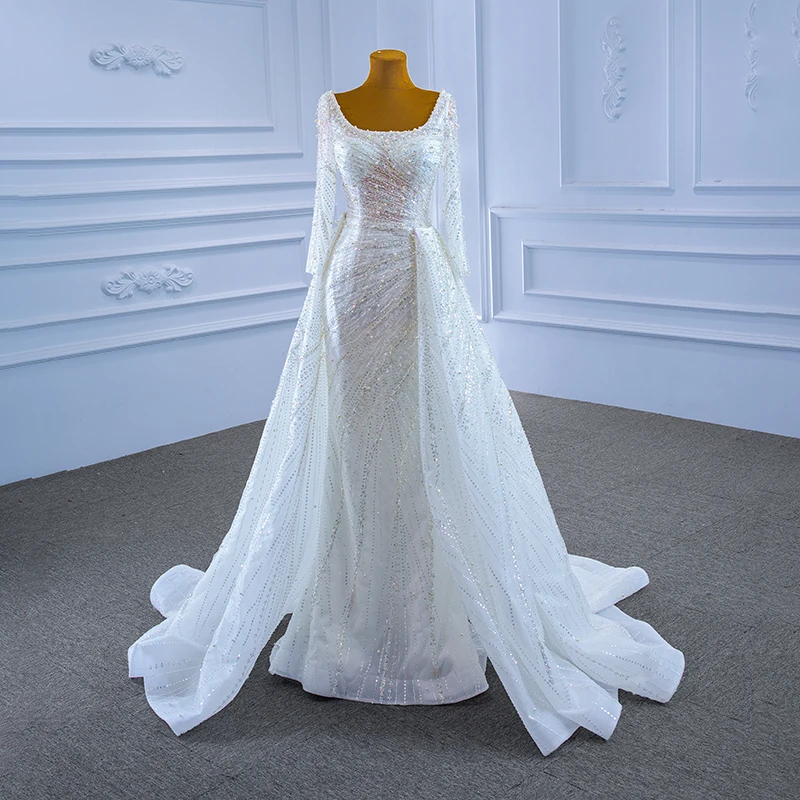 RSM67334 Muslim Mermaid Wedding Dress Heavy Bead Long Sleeves Square Neck Detachable Tail Bridal Gown Vestidos De Debutante 1