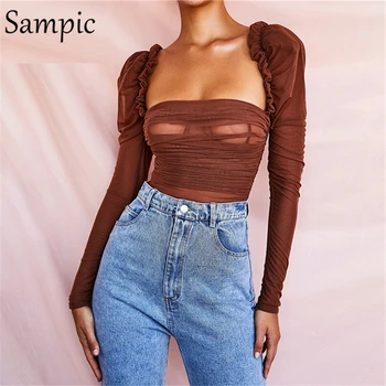 

Sampic sexy mesh woman party club skinny bodysuit tops square neck autumn long sleeve transparent casual bodysuit 2019