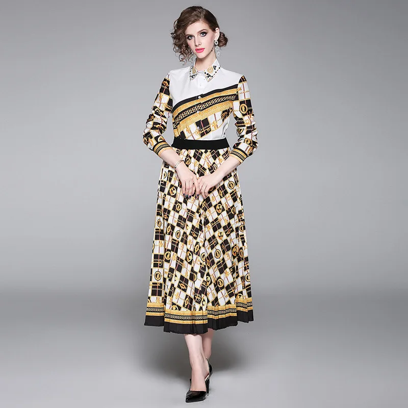 

Photo Shoot 2019 Europe And America Fashion Positioning Printed Shirt + Pleated Skirt Set (Two-Piece Set)