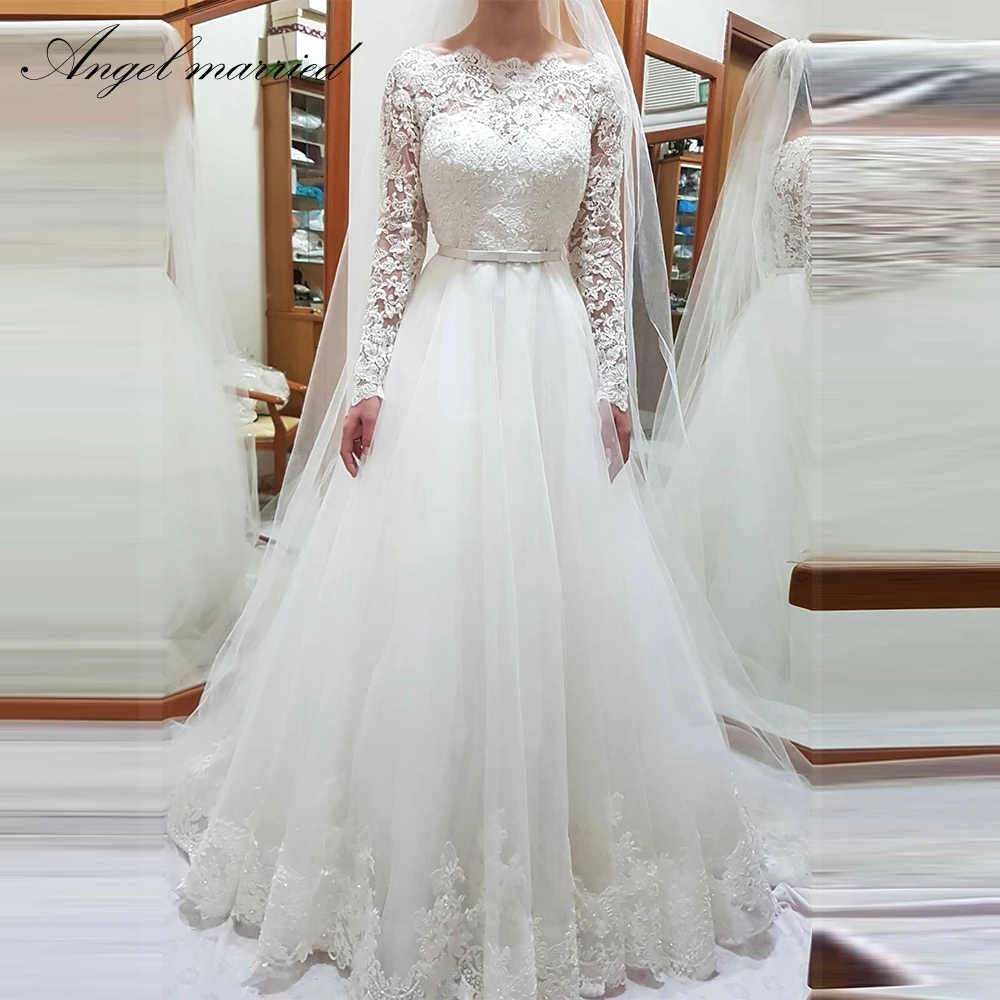 Angel sevened элегантное кружевное свадебное платье с длинным рукавом vestidos de novia ТРАПЕЦИЕВИДНОЕ свадебное платье с вырезом лодочкой Романтические свадебные платья