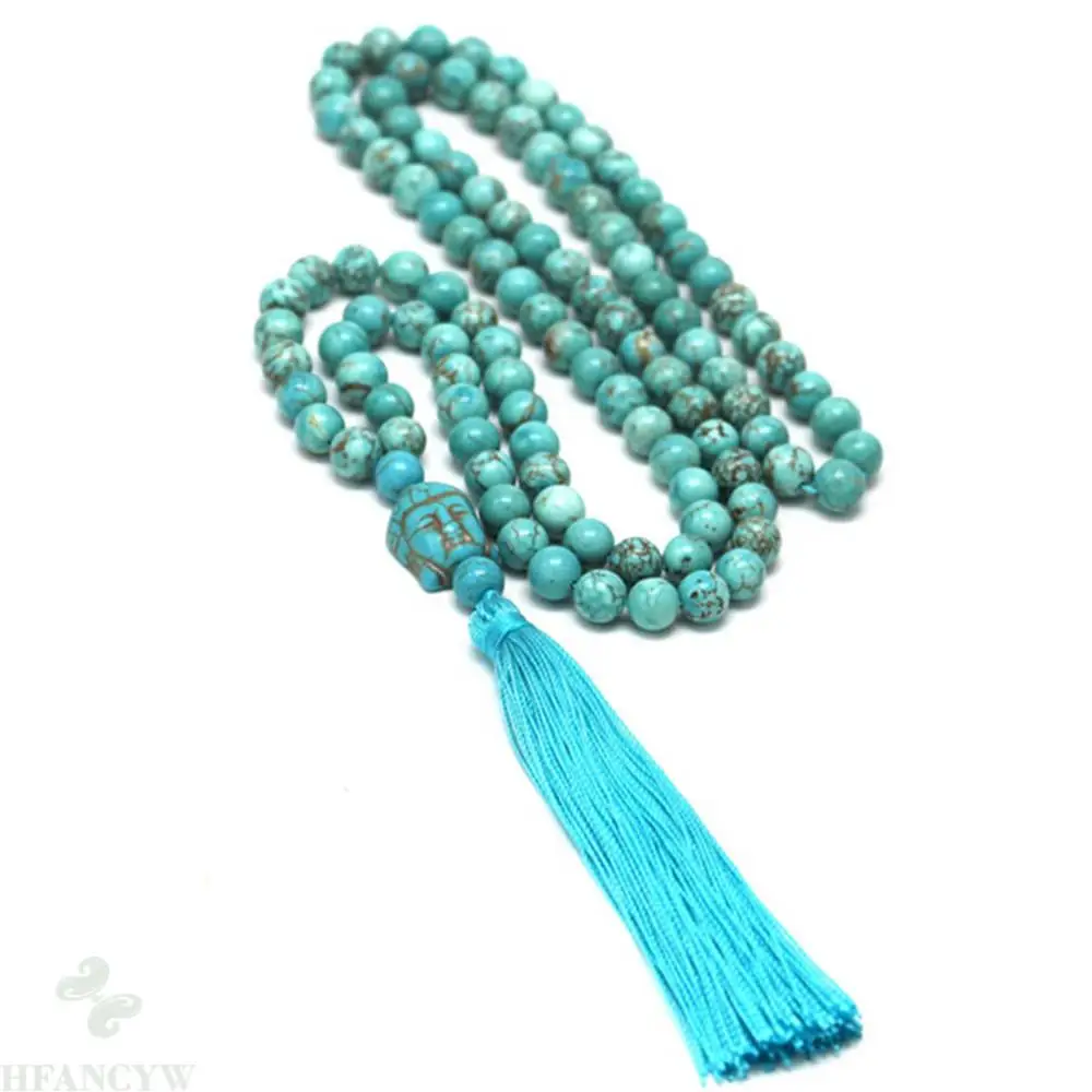 6mm Turquoise 108 Bead Buddha Head Pendant Tassel Knot Necklace Wrist Reiki Spirituality Yoga Meditation Bless Pray