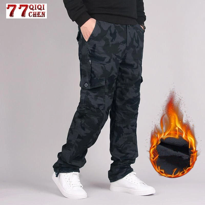 

Winter Double Layer Cargo Pants Men Straight Fleece Trousers Combat Baggy Multi Pockets Joggers Military Tactical Pants Overalls