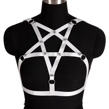 

Punk Goth Harness Bra White Crop Top Pentagram Rivet Belt Cage Chest Adjust Elastic Strappy Hollow Out Bustier Night Clubs Rave