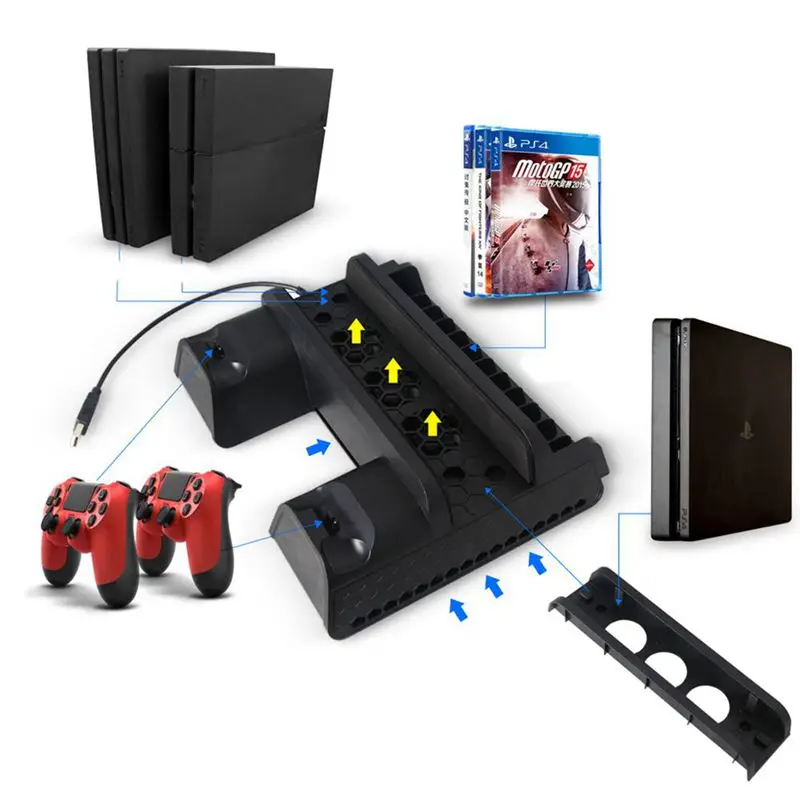 

Original Vertical Stand with Cooling Fan Controller Charging Station 2 Port USB Hub Discs Storage for Playstation 4/PS4 Slim/PS4