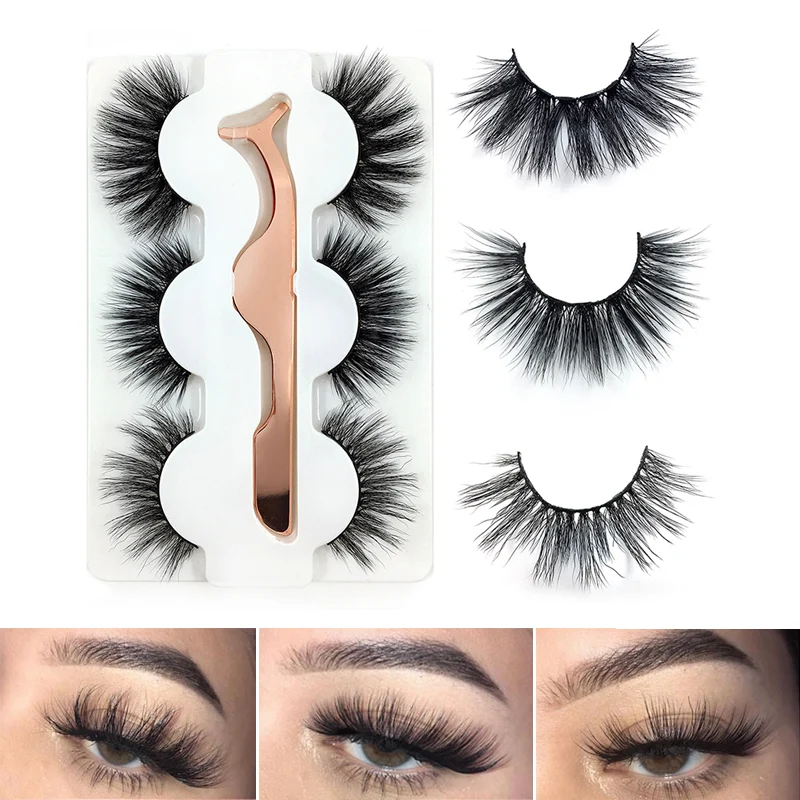

Natural 3D Mink Lashes Black Soft Eyelashes Volume Lashes Extension Crisscross Thick Women Makeup 3 Pairs Include Rose Gold Clip
