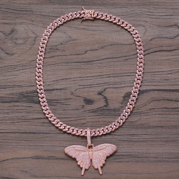 

Brass CZ Butterfly Pendant with 8mm Brass Cuban Link Chain Iced out Bling bling Hip Hop Necklace Jewelry for women CN165