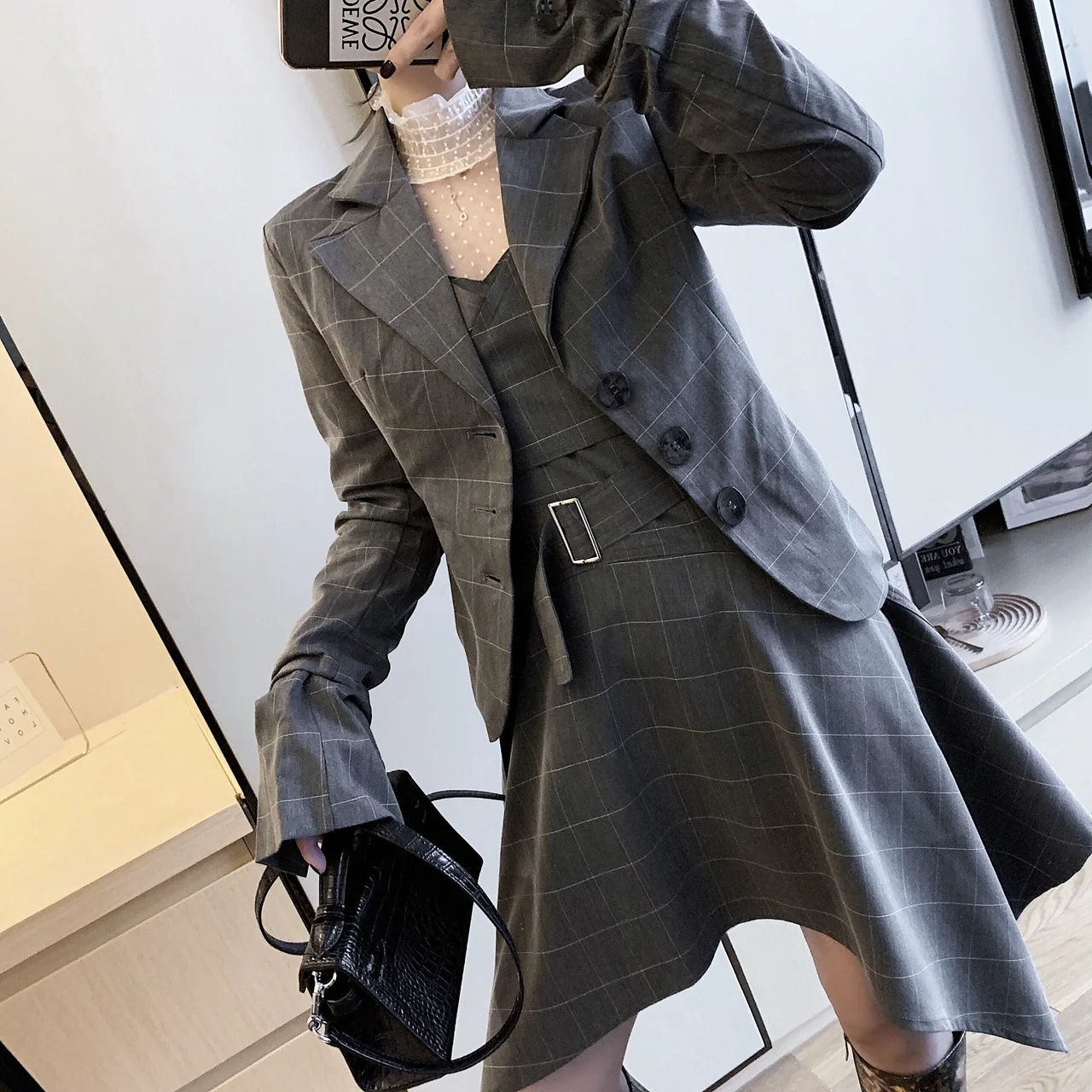 T3746 Spring Clothing New Style Coat Casual Plaid Small Suit Women's Long-Sleeve Fold-down Collar Pattern Slimming Suit Wom