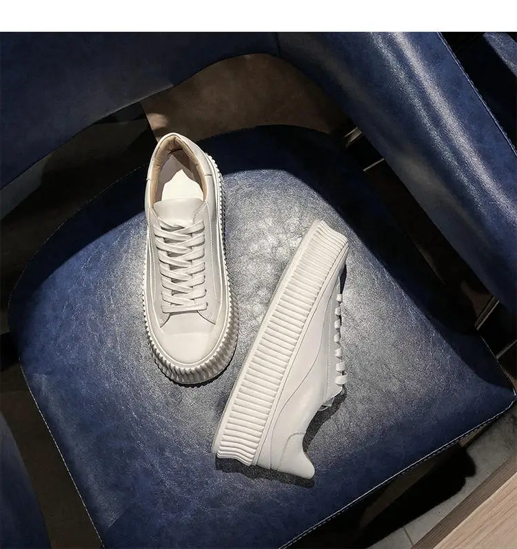Leather White Casual Shoes Women Lace Up Solid Shoes Spring New Thick-soled Cakes Version Flat Shoes Women Platform Shoes