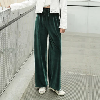 

Spring Autumn New Casual Straight Pants Women Female Drawstring Loose Elastic High Waist Velvet Wide Leg Ankle-Length Trousers