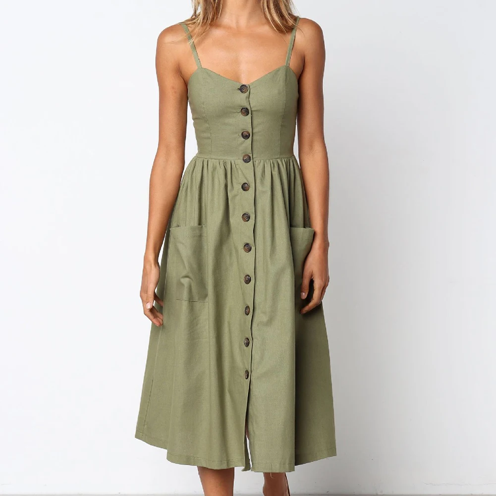 

Dossni Summer Dress With Pocket Sexy Spaghetti Strap Off Shoulder Women Midi Dresses Single Breasted Backless Dresses