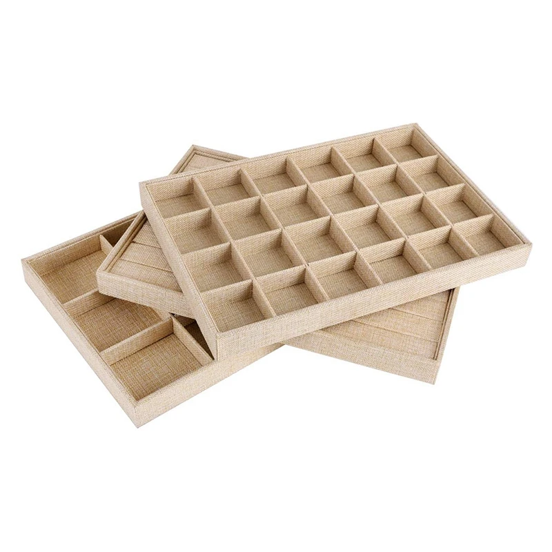 

Sackcloth Stackable Jewelry Tray Showcase Display Organizer,Set of 3