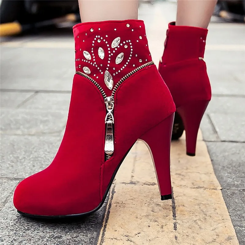 

Botas Mujer Fashion Crystal Solid Zip Round Ankle Boots Para Women Retro Flock Platform Toe Super High Heels Casual Shoes #5