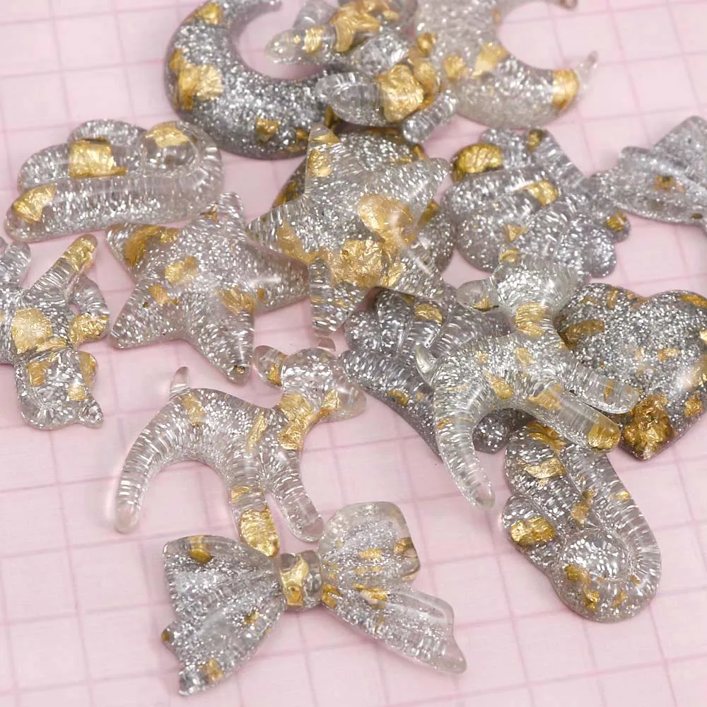 

16Pcs/bag Mix Style Glitter Resin Star Moon Horse Bow Heart Wing Deer Shape Resin Flat Back Cabochon For Phone DIY Decoration Art