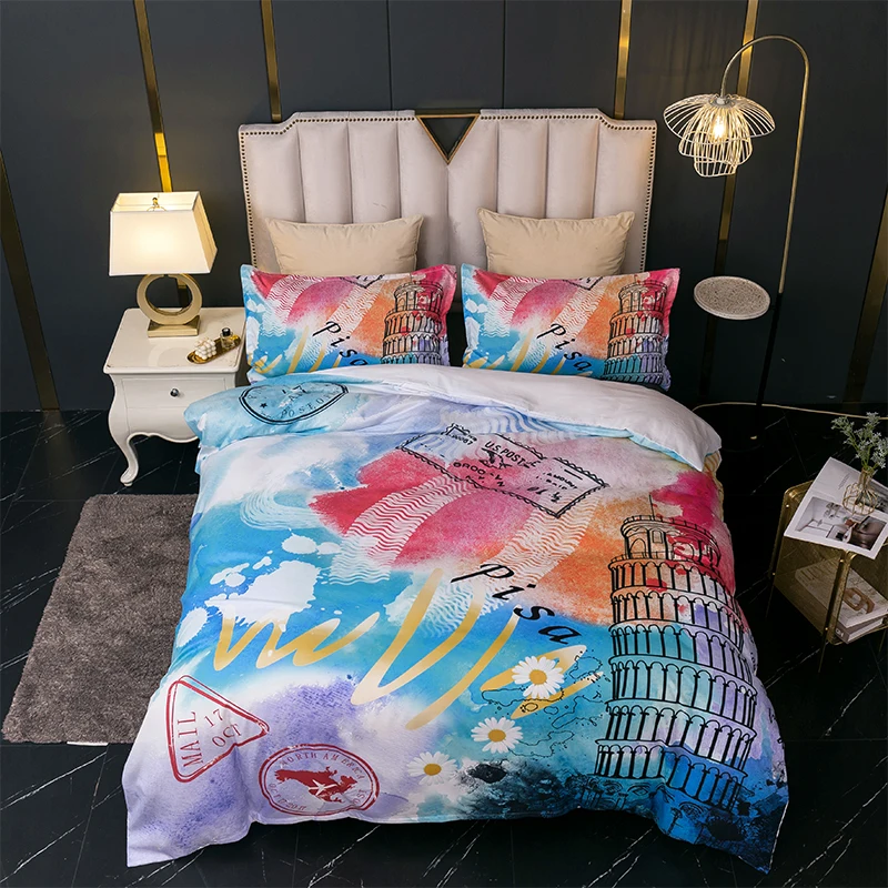 

3D Reactive Printed Bedding Sets Sanding Duvet Cover+Pillowcase Set Blue Sky Rainbow Cloud Scenery Twin Full Queen King Size