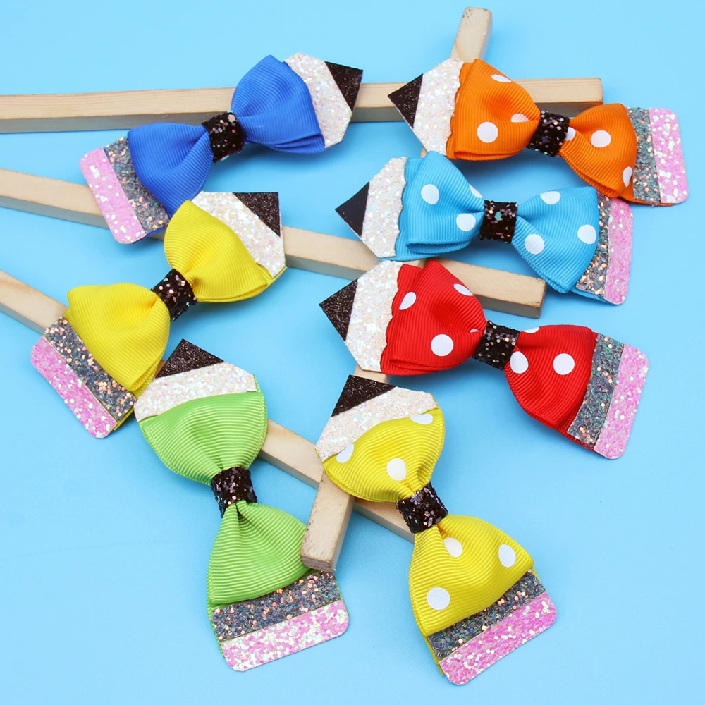 

Back to School Pencil Hair Bows for Children Handmade Ribbon Glitter Hairgrips Girls Hair Clip Students Hair Accessories