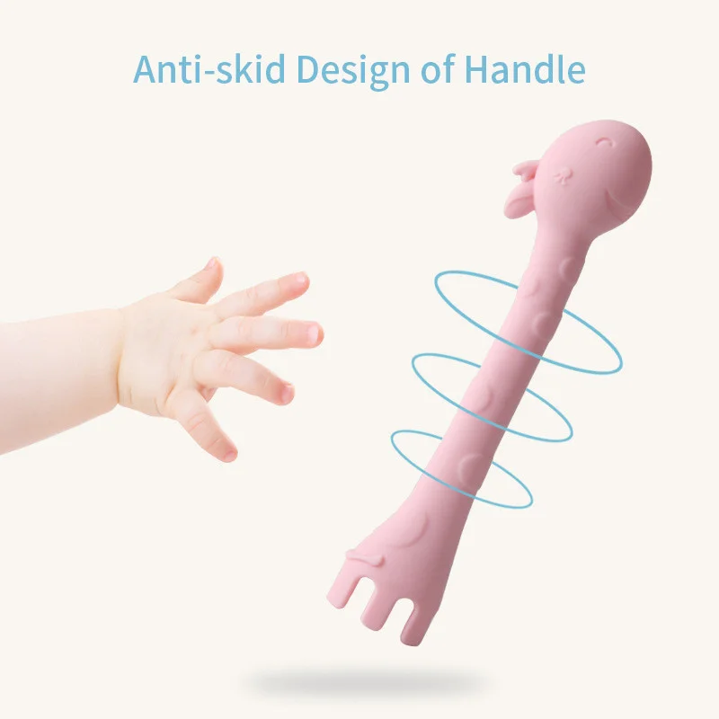 Cute Kids Infant Baby Giraffe Learning Training Spoon Fork Teether BPA Free Safety Silicone Baby Feeding Teething Tableware Toy