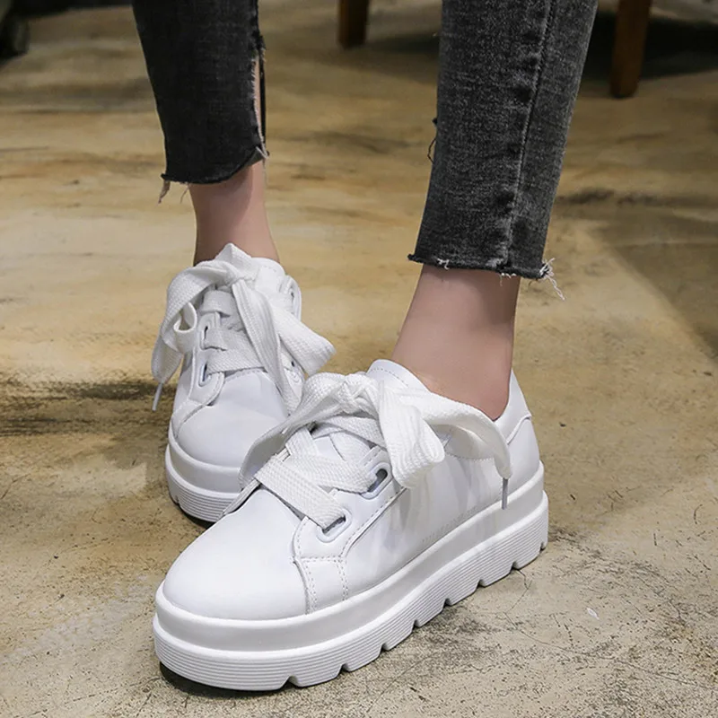 

Women White Sneakers Fashion PU Riband Casual Shoes Ladies Lace-up Breathable Walking Women White Platform Flats AS-98