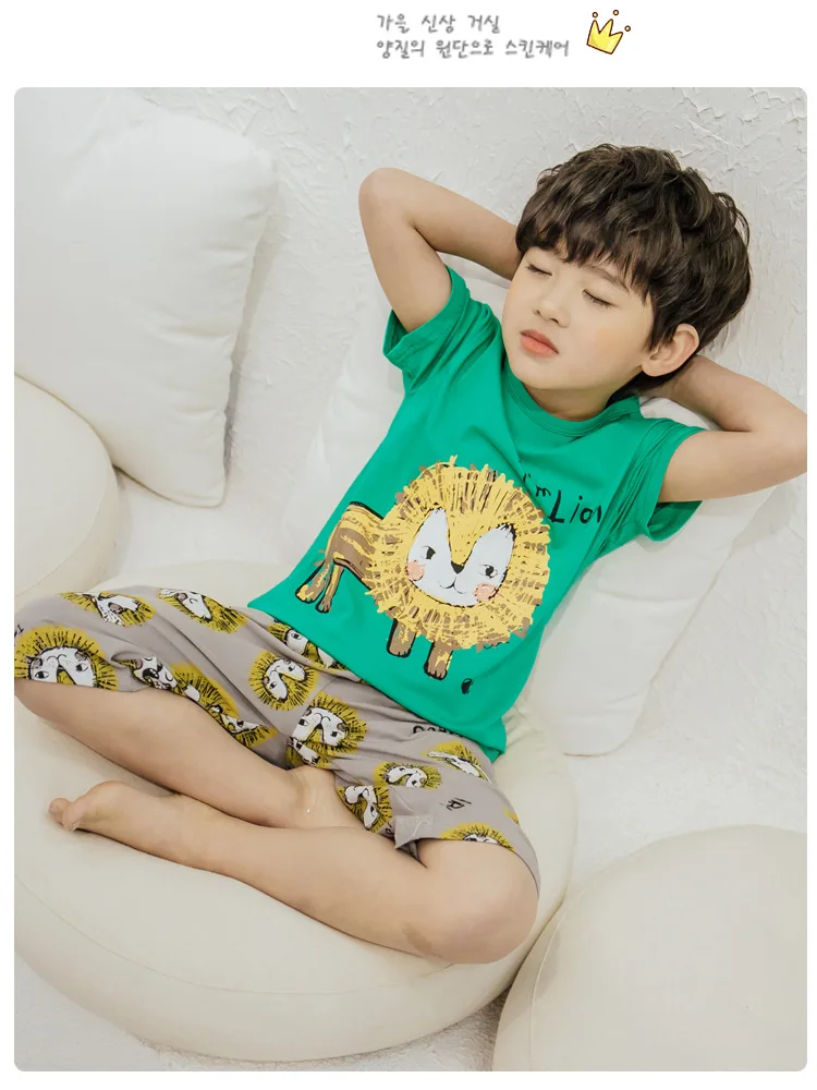 CHILDREN'S Pajamas Boy Summer Pure Cotton Short Sleeve Thin BOY'S Big Boy Summer Cotton Air Conditioner Homewear Set