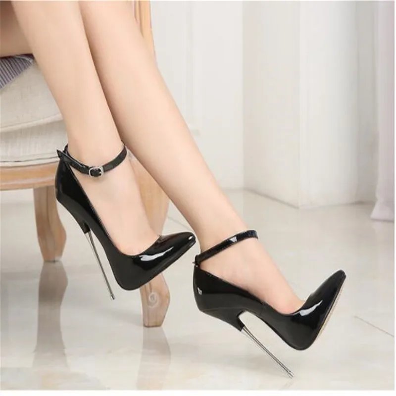 Women's high heels Sexy summer clothes shiny surface color buckle solid heel good Pointed material high heels woman Size 35-44