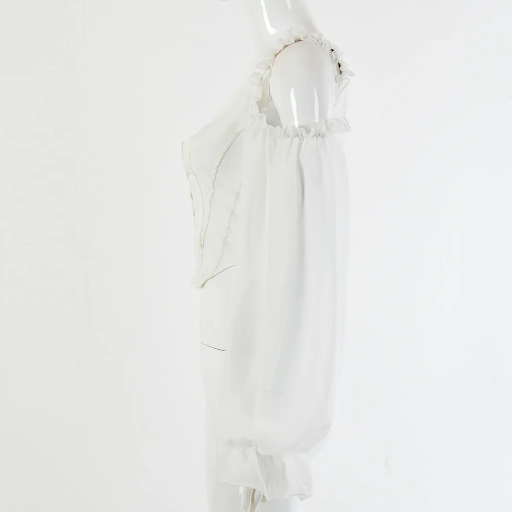 Сетчатая белая блузка с оборками, рубашка для женщин, сексуальный корсет с открытыми плечами, туника, укороченный топ, длинный рукав, шифон, элегантные женские блузки, топы