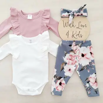 

Imcute Princess Girl Clothes Set For Fly Sleeve Solid Color Romper + Floral Pants + Headband Clothes Autumn Wear 0-18M