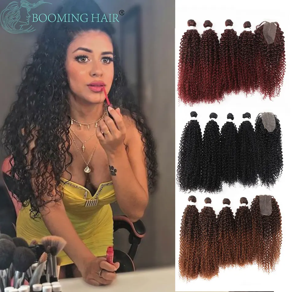 

Afro Kinky Curly Hair Bundles Extensions With Closure Synthetic Weave Fake Hair 24" 26" Free 20"Closure Party For Women Gift