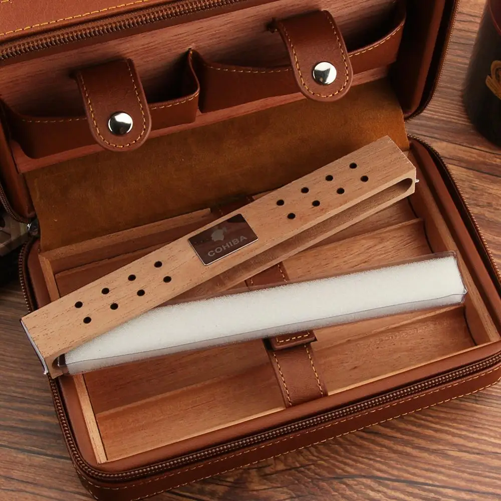  Cohiba Cigar Humidor Case Portable Cedar Wood Leather Travel Humidor Humidifier Set Gift Box (Witho